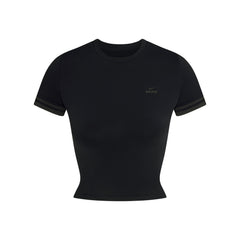 NikeSKIMS STRETCH KNIT CROP BABY T-SHIRT | NSKM OBSIDIAN/NSKM IGNEOUS FLAT ON A WHITE BACKGROUND | FLT