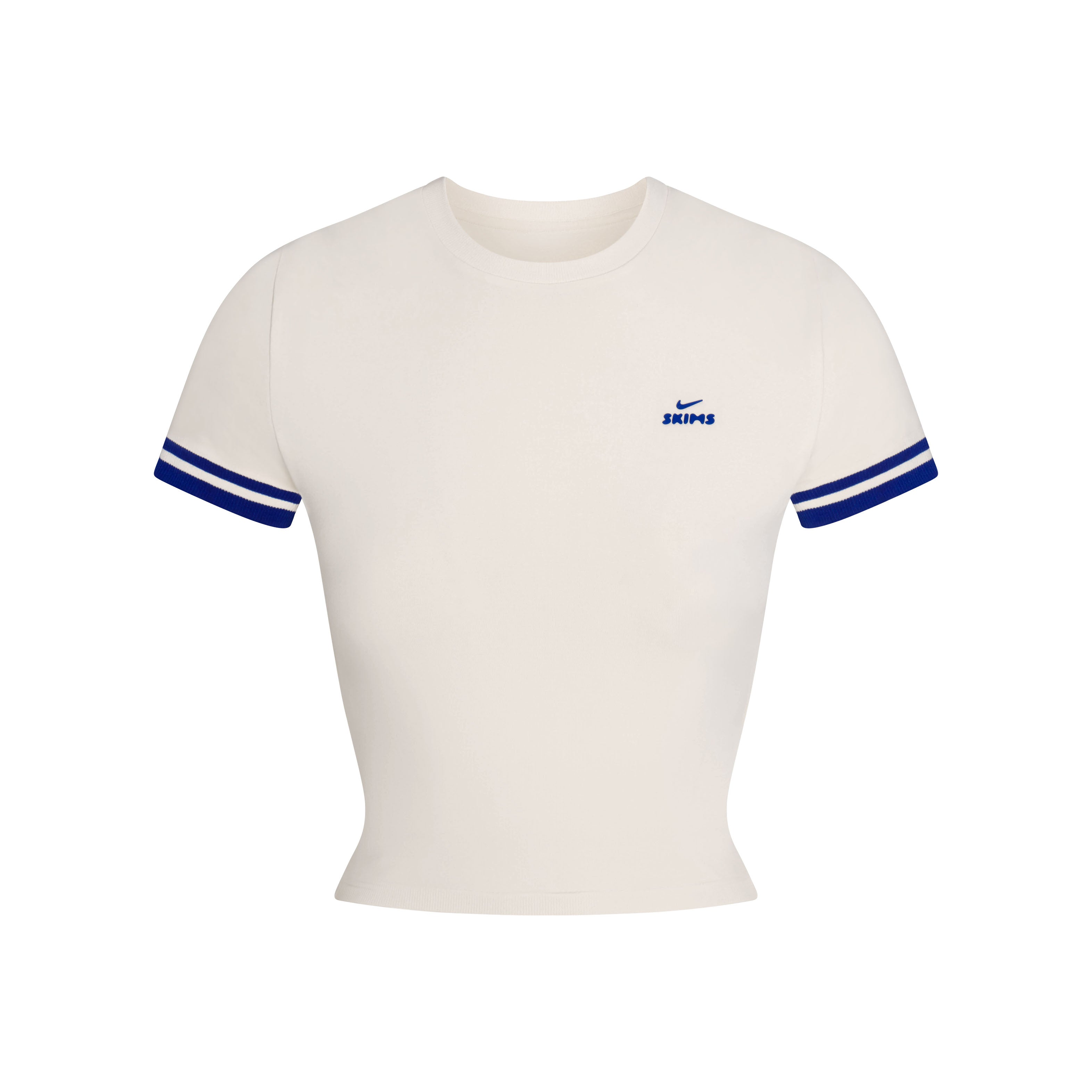NikeSKIMS STRETCH KNIT CROP BABY T-SHIRT | NSKM ACTV IVORY/NSKM COBALT FLAT ON A WHITE BACKGROUND | FLT