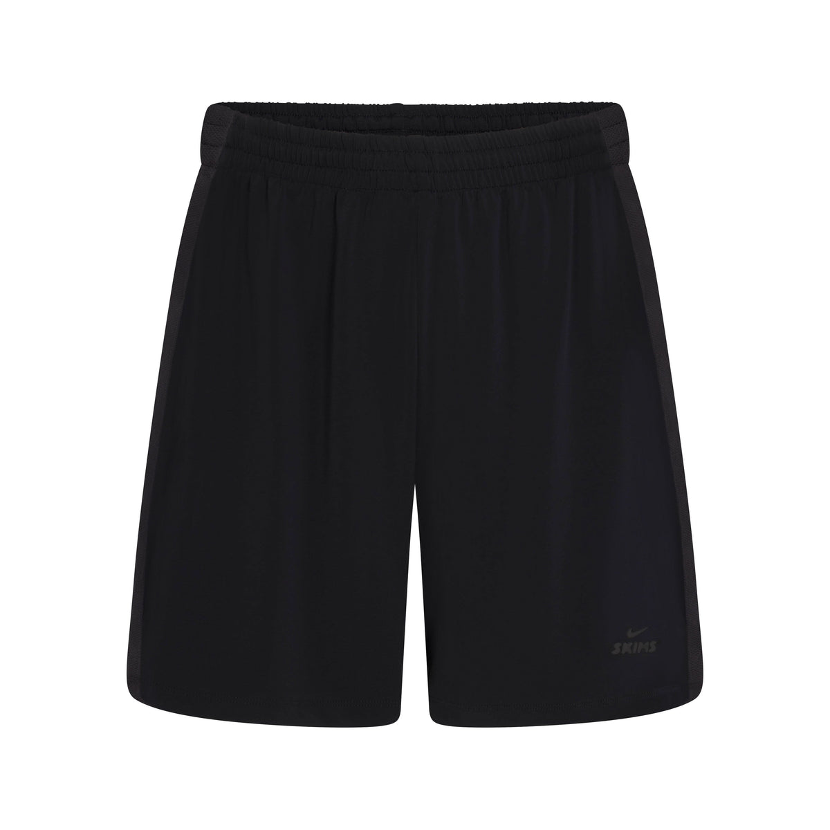 NikeSKIMS STRETCH KNIT DOLPHIN SHORT | NSKM OBSIDIAN/NSKM IGNEOUS FLAT ON A WHITE BACKGROUND | FLT