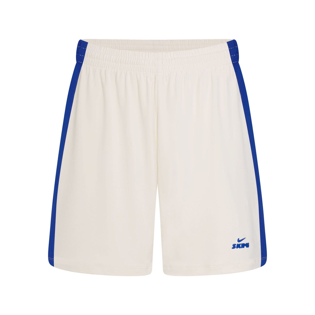 NikeSKIMS STRETCH KNIT DOLPHIN SHORT | NSKM ACTV IVORY/NSKM COBALT FLAT ON A WHITE BACKGROUND | FLT