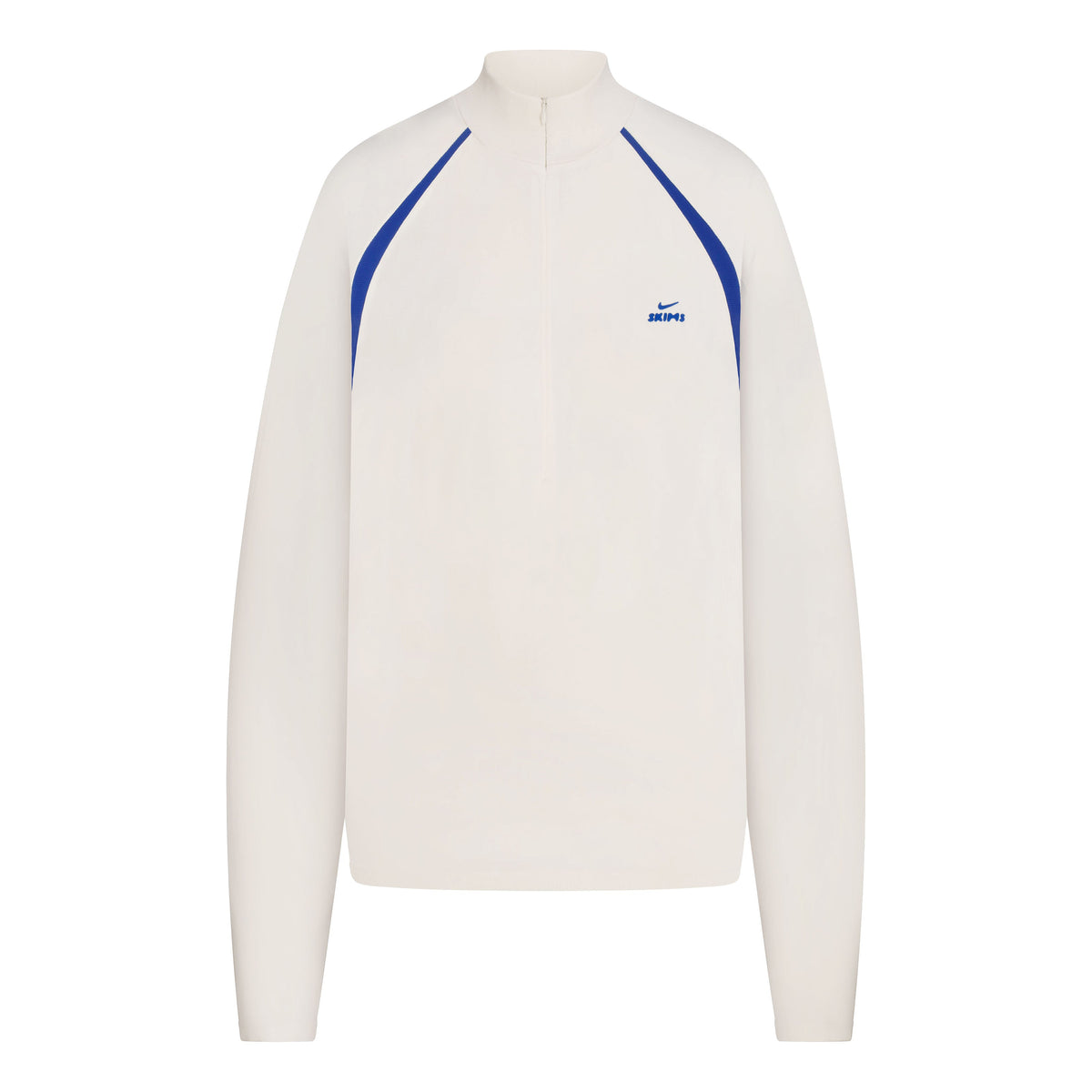 NikeSKIMS STRETCH KNIT LONG SLEEVE HALF ZIP | NSKM ACTV IVORY/NSKM COBALT FLAT ON A WHITE BACKGROUND | FLT