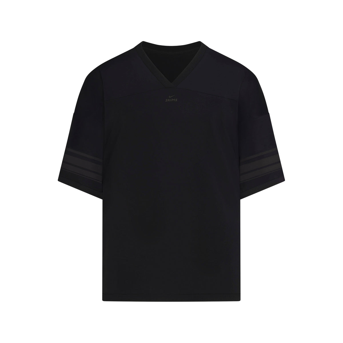 NikeSKIMS STRETCH KNIT V-NECK OVERSIZED TOP | NSKM OBSIDIAN/NSKM IGNEOUS FLAT ON A WHITE BACKGROUND | FLT