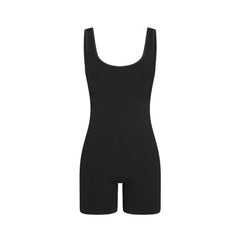 NikeSKIMS RIBBED SEAMLESS SCOOP TANK ONE PIECE 5 INCH | NSKM OBSIDIAN/NSKM ARMOR FLAT ON A WHITE BACKGROUND | FLT