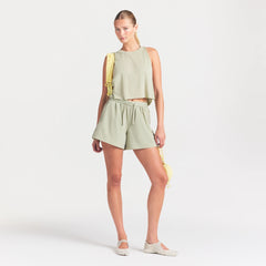 NikeSKIMS STRETCH NYLON 5" TRACK SHORT | TALC ON A MODEL FRONT VIEW @ | FOCUS: 0.0, 1.0, 0.9