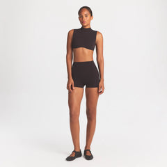 NikeSKIMS STUDIO STRETCH 3" SHORT | DARK ROAST ON A MODEL FRONT VIEW @ | FOCUS: 0.0, 1.0, 0.9