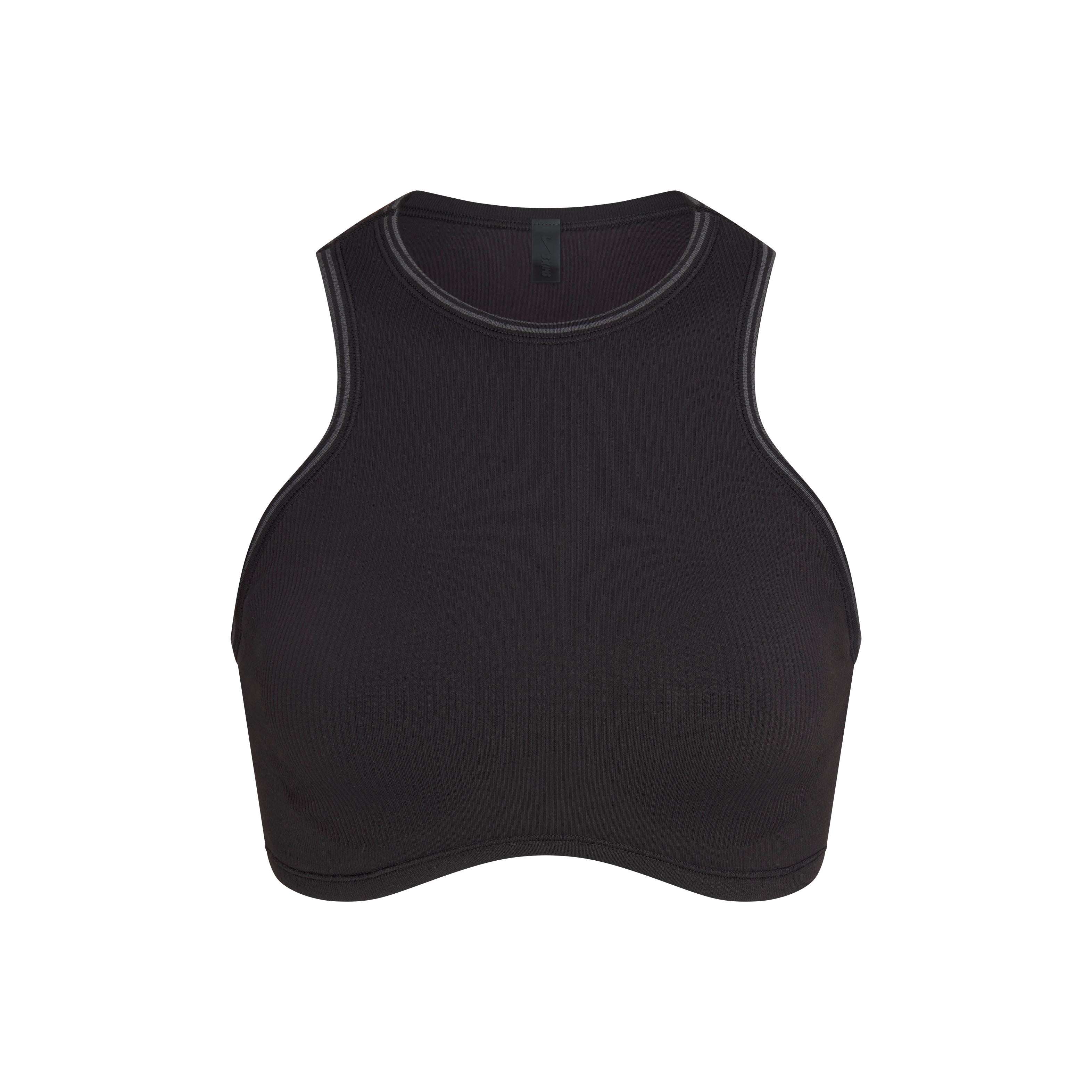NikeSKIMS RIBBED SEAMLESS RACER FRONT BRA | OBSIDIAN FLAT ON A WHITE BACKGROUND | FLT