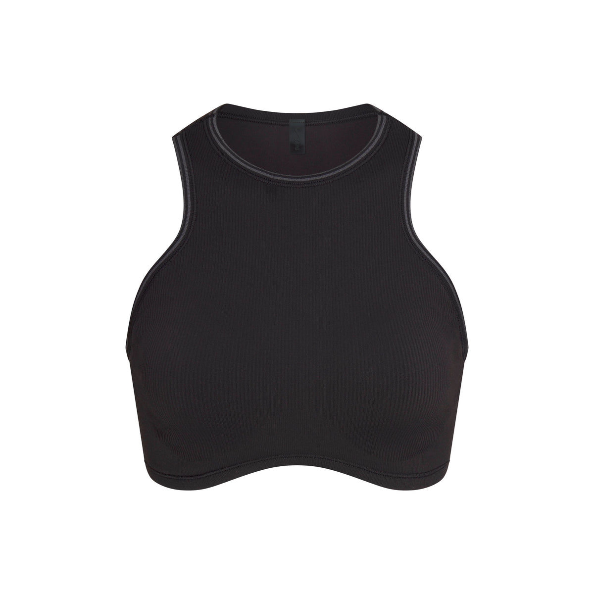 NikeSKIMS RIBBED SEAMLESS RACER FRONT BRA | OBSIDIAN FLAT ON A WHITE BACKGROUND | FLT