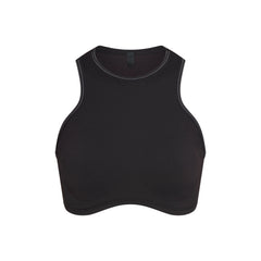 NikeSKIMS RIBBED SEAMLESS RACER FRONT BRA | OBSIDIAN FLAT ON A WHITE BACKGROUND | FLT