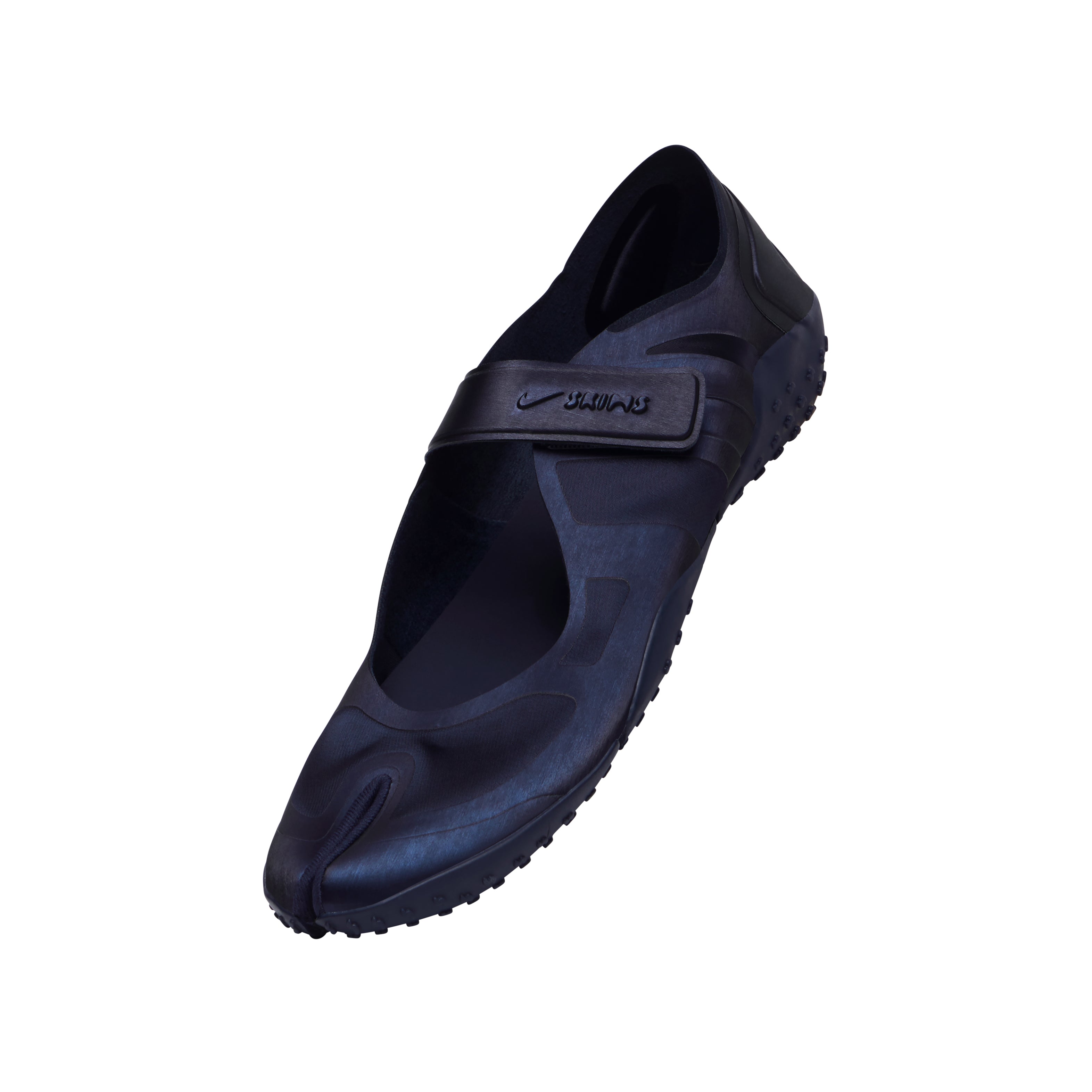 NikeSKIMS FOOTWEAR RIFT SATIN | NAVY FLAT ON A WHITE BACKGROUND | FLT