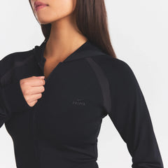 NikeSKIMS STRETCH KNIT SHRUNKEN ZIP HOODIE | OBSIDIAN ON A MODEL SIDE VIEW @ | FOCUS: 0.0, 1.0, 0.9