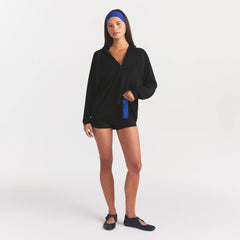 NikeSKIMS STRETCH KNIT LONG SLEEVE HALF ZIP | OBSIDIAN ON A MODEL FRONT VIEW @ | FOCUS: 0.0, 1.0, 0.9