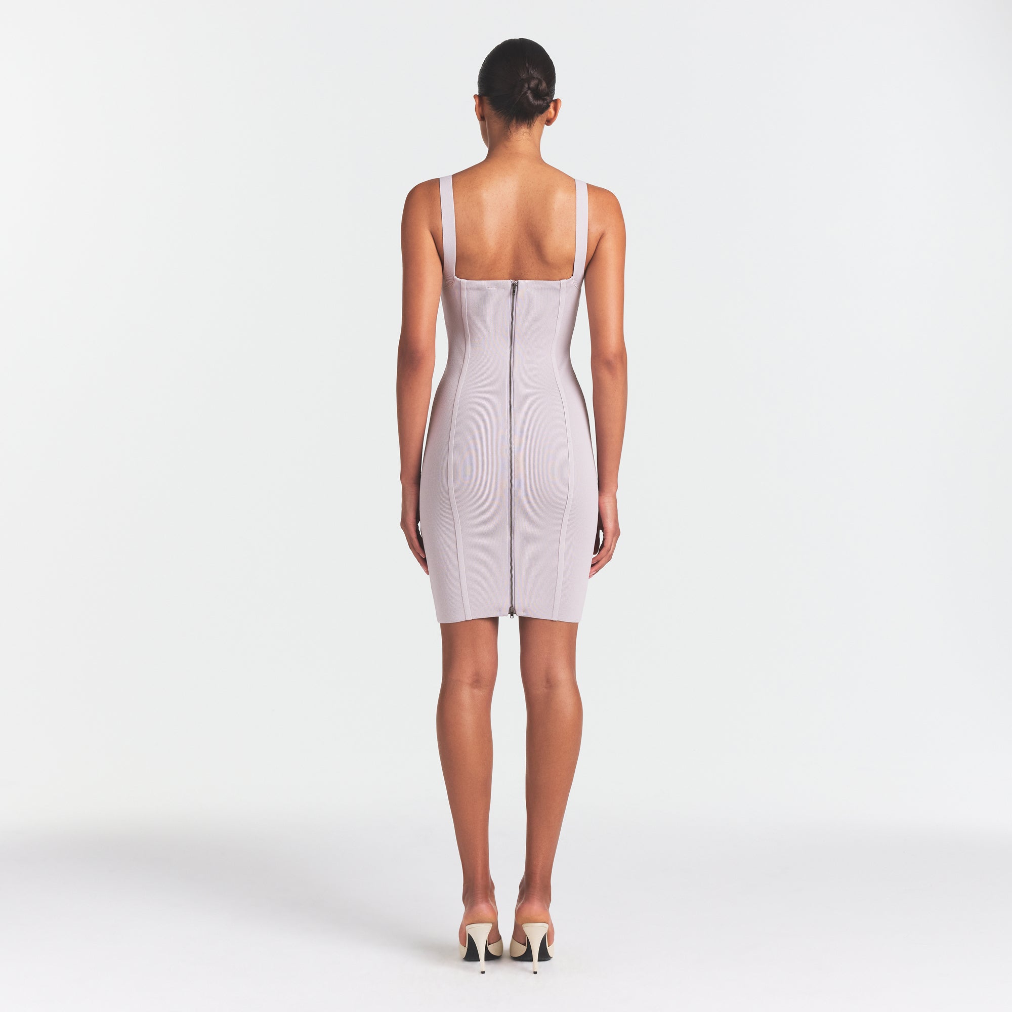 REFINED KNIT MIDI DRESS | IRIS MICA ON A MODEL FRONT VIEW @ | FOCUS: 0.0, 1.0, 0.9
