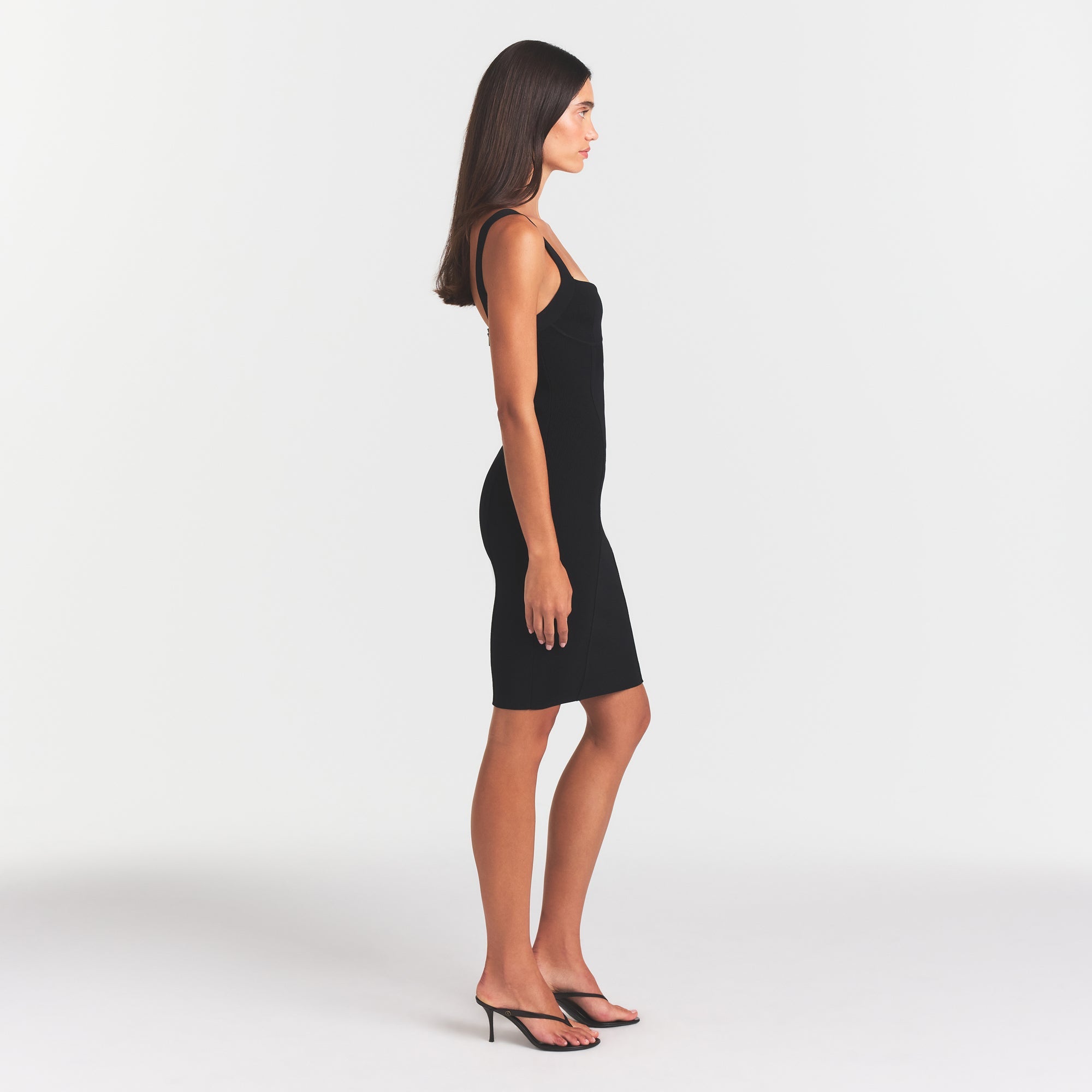 REFINED KNIT MIDI DRESS | OBSIDIAN ON A MODEL FRONT VIEW @ | FOCUS: 0.0, 1.0, 0.9