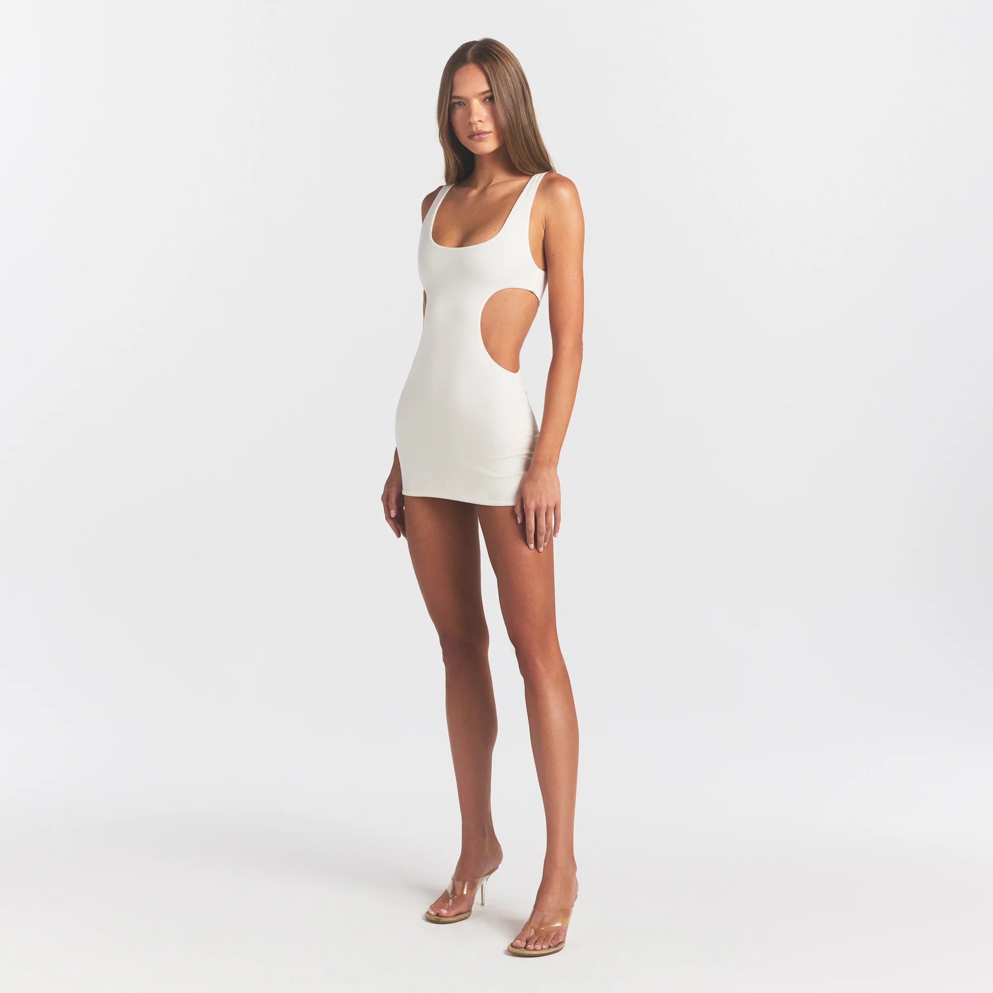 COTTON JERSEY CUT OUT MINI DRESS | MARBLE ON A MODEL FRONT VIEW @ | FOCUS: 0.0, 1.0, 0.9