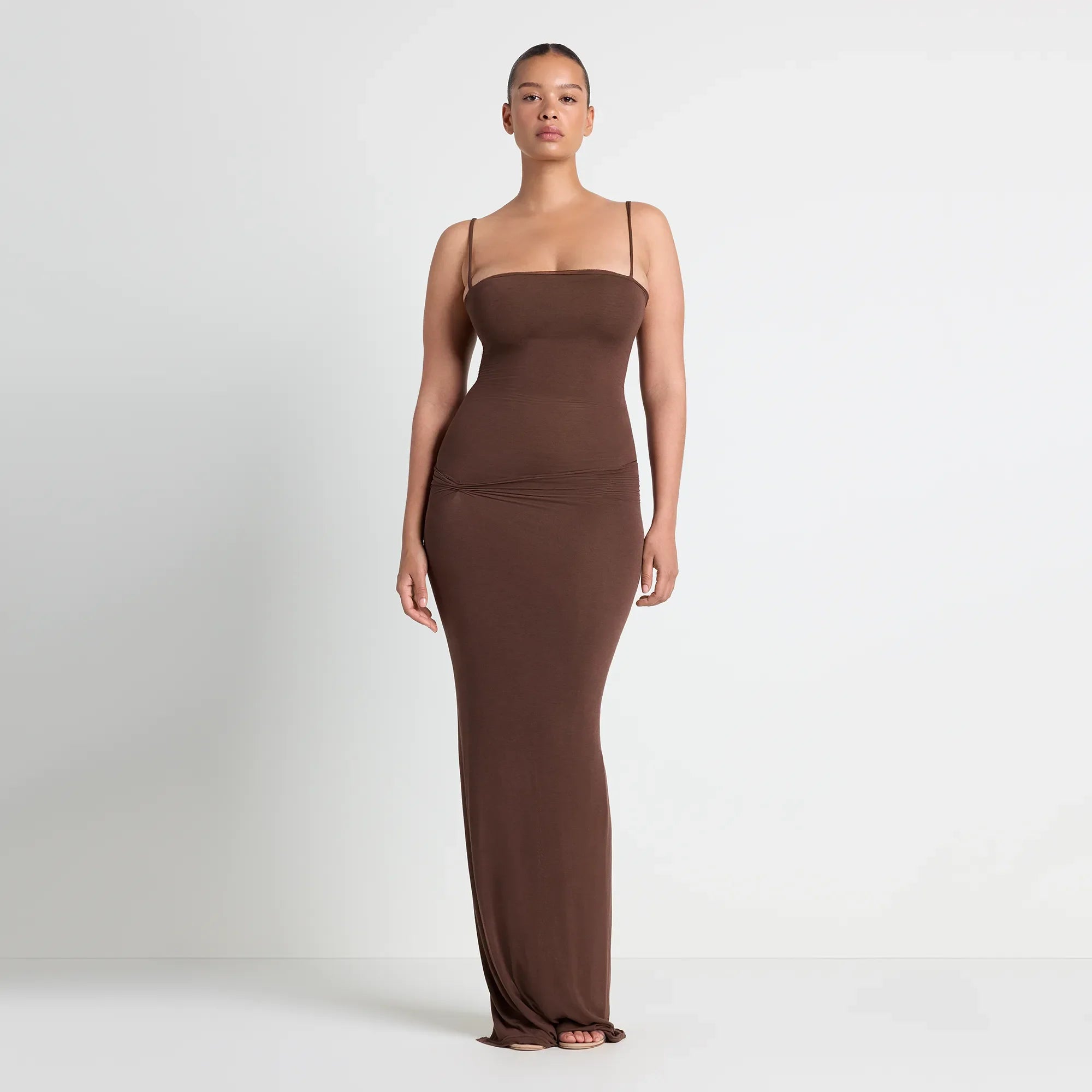 VETTESE X SKIMS SHEER MODAL LONG DRESS  | COCOA ON A MODEL FRONT VIEW | FOCUS: 0.0, 1.0, 0.9