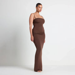 VETTESE X SKIMS SHEER MODAL LONG DRESS  | COCOA ON A MODEL SIDE VIEW | FOCUS: 0.0, 1.0, 0.9