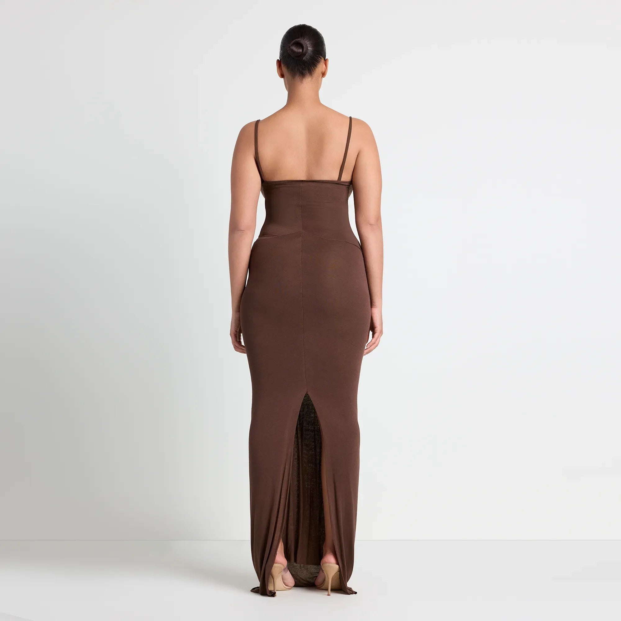 VETTESE X SKIMS SHEER MODAL LONG DRESS  | COCOA ON A MODEL BACK VIEW | FOCUS: 0.0, 1.0, 0.9