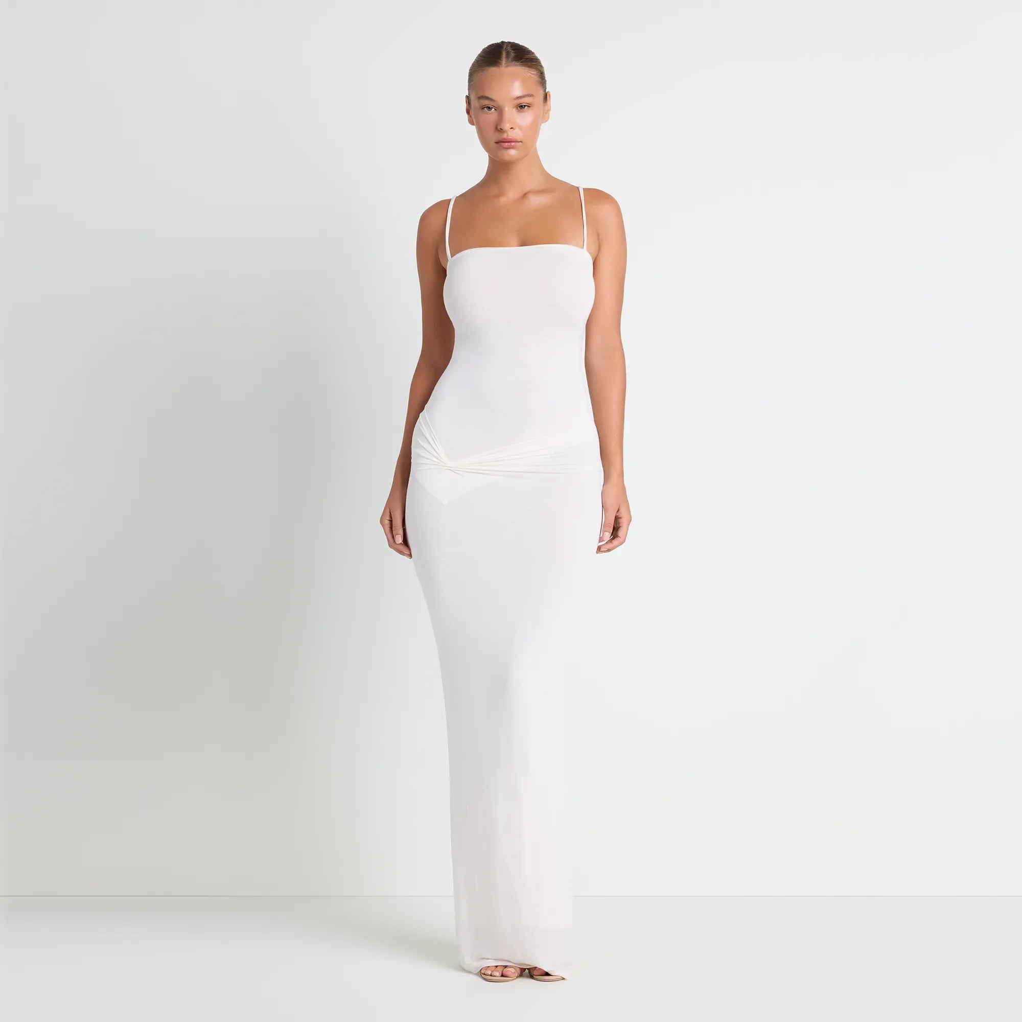 VETTESE X SKIMS SHEER MODAL LONG DRESS | ECRU ON A MODEL FRONT VIEW | FOCUS: 0.0, 1.0, 0.9 @ | FOCUS: 0.0, 1.0, 0.9