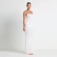 VETTESE X SKIMS SHEER MODAL LONG DRESS | ECRU ON A MODEL SIDE VIEW| FOCUS: 0.0, 1.0, 0.9 @ | FOCUS: 0.0, 1.0, 0.9