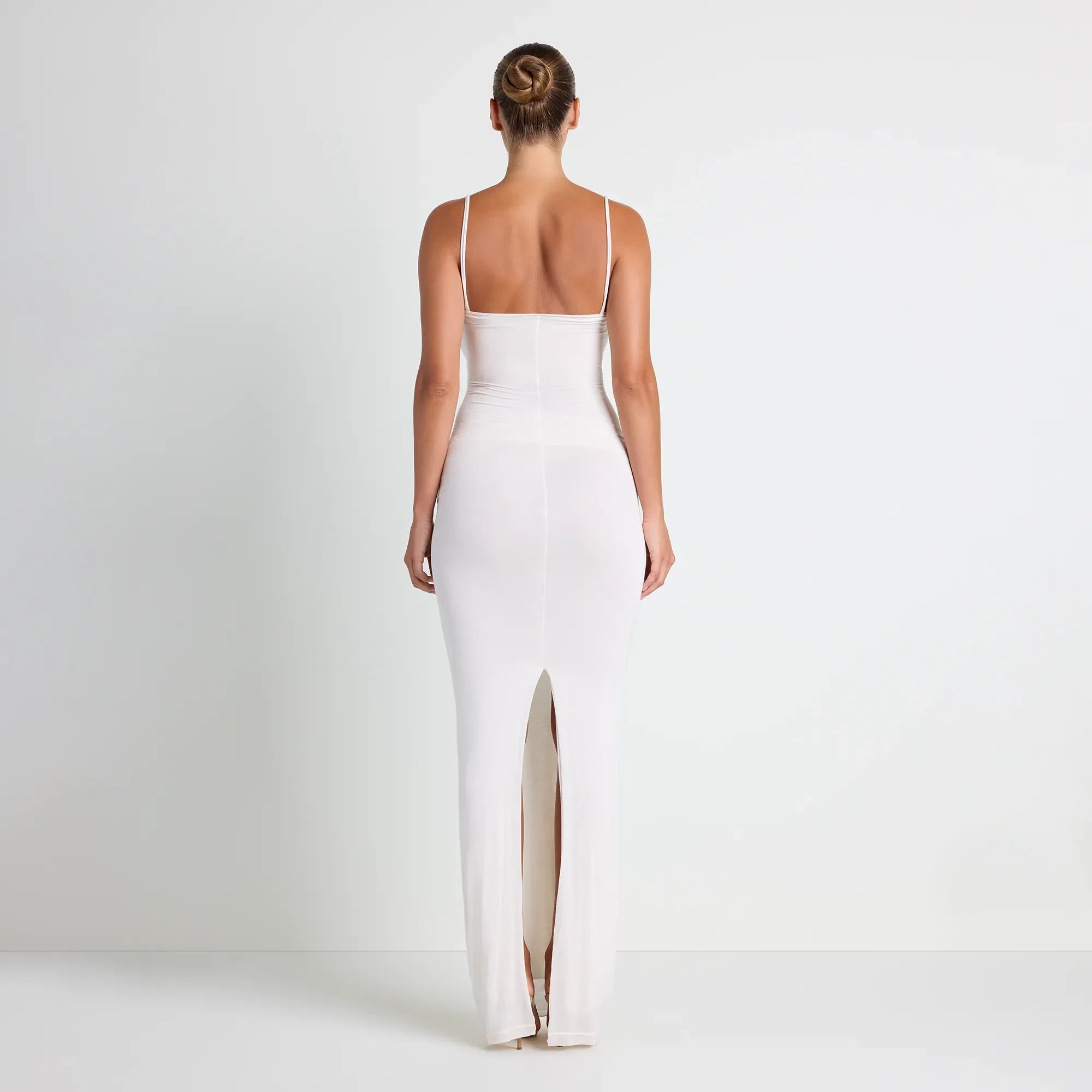 VETTESE X SKIMS SHEER MODAL LONG DRESS | ECRU ON A MODEL BACK VIEW| FOCUS: 0.0, 1.0, 0.9 @ | FOCUS: 0.0, 1.0, 0.9