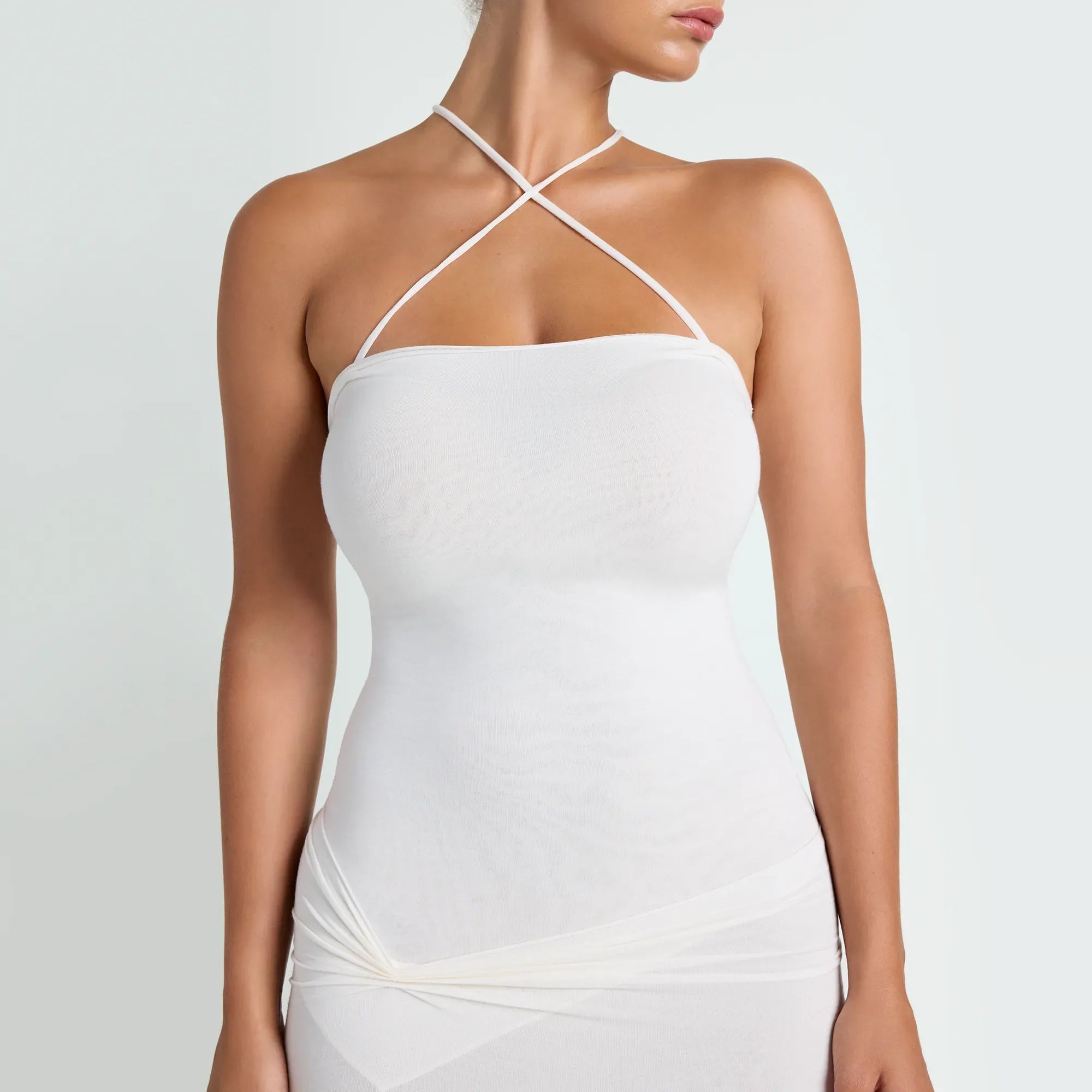 VETTESE X SKIMS SHEER MODAL LONG DRESS | ECRU ON A MODEL FRONT VIEW| FOCUS: 0.0, 1.0, 0.9 @ | FOCUS: 0.0, 1.0, 0.9