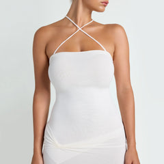 VETTESE X SKIMS SHEER MODAL LONG DRESS | ECRU ON A MODEL FRONT VIEW| FOCUS: 0.0, 1.0, 0.9 @ | FOCUS: 0.0, 1.0, 0.9