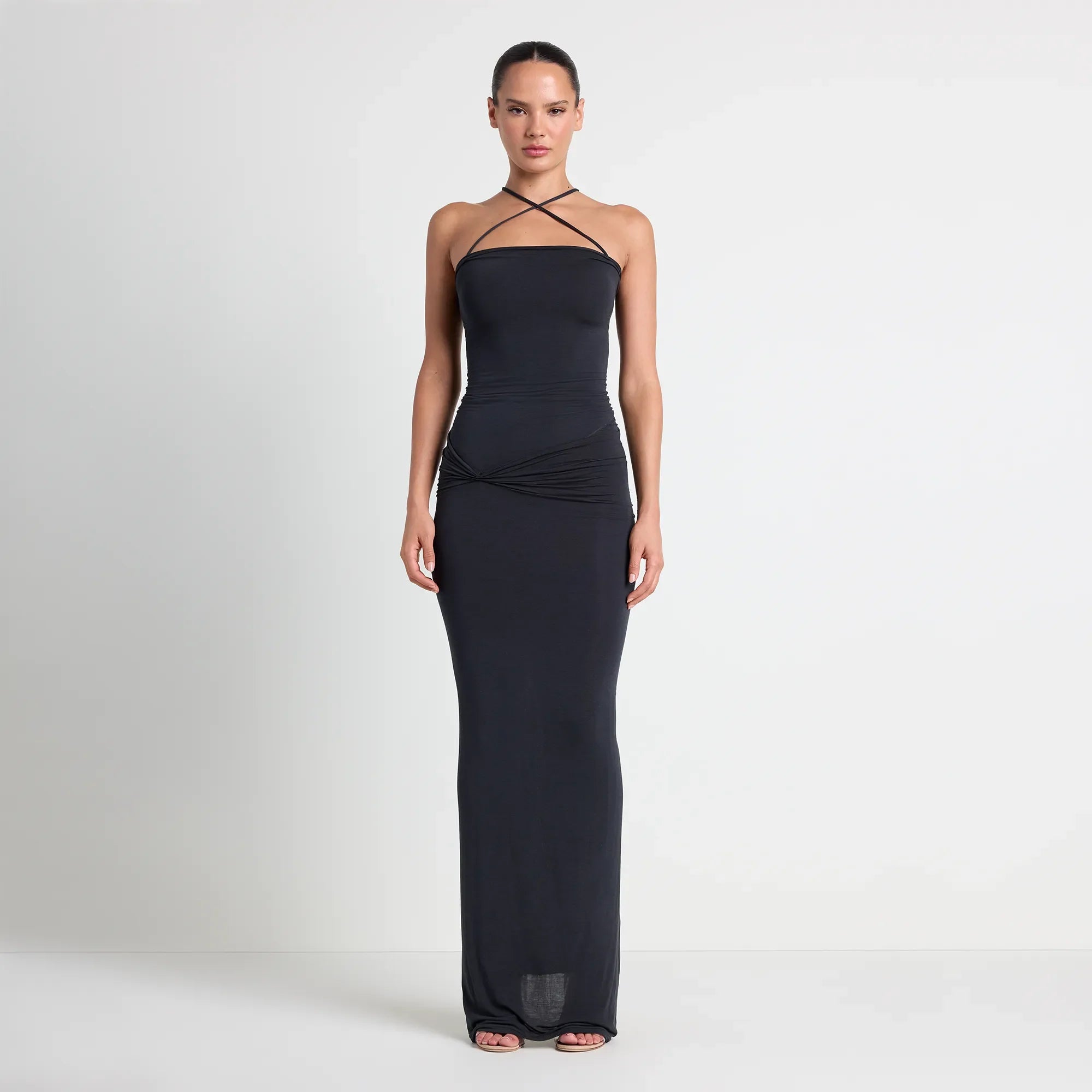 VETTESE X SKIMS SHEER MODAL LONG DRESS | ONYX ON A MODEL FRONT VIEW | FOCUS: 0.0, 1.0, 0.9
