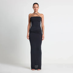 VETTESE X SKIMS SHEER MODAL LONG DRESS | ONYX ON A MODEL FRONT VIEW | FOCUS: 0.0, 1.0, 0.9