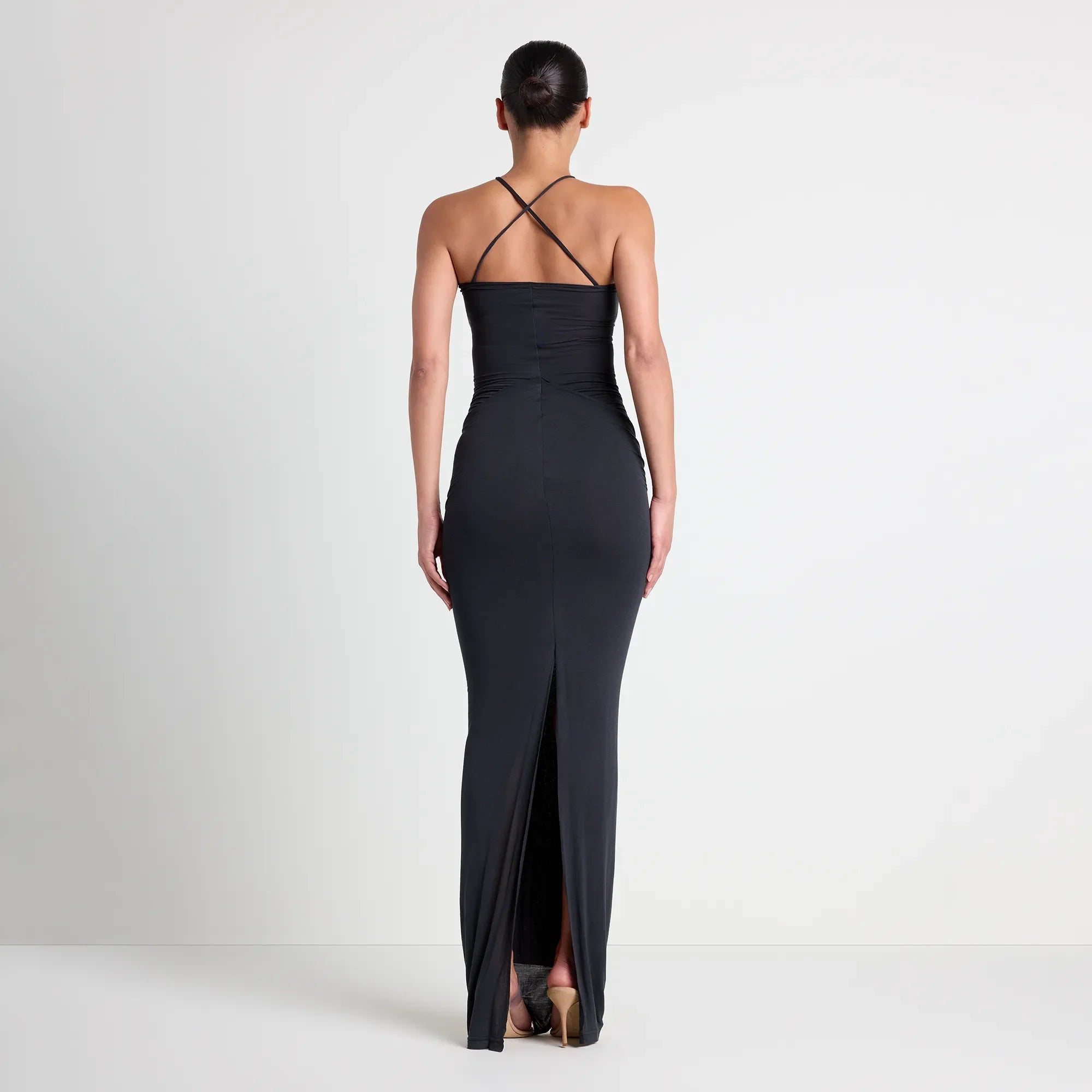 VETTESE X SKIMS SHEER MODAL LONG DRESS | ONYX ON A MODEL BACK VIEW | FOCUS: 0.0, 1.0, 0.9