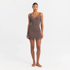 RIB KNIT LACE MINI DRESS | AMETHYST ON A MODEL FRONT VIEW @ | FOCUS: 0.0, 1.0, 0.9