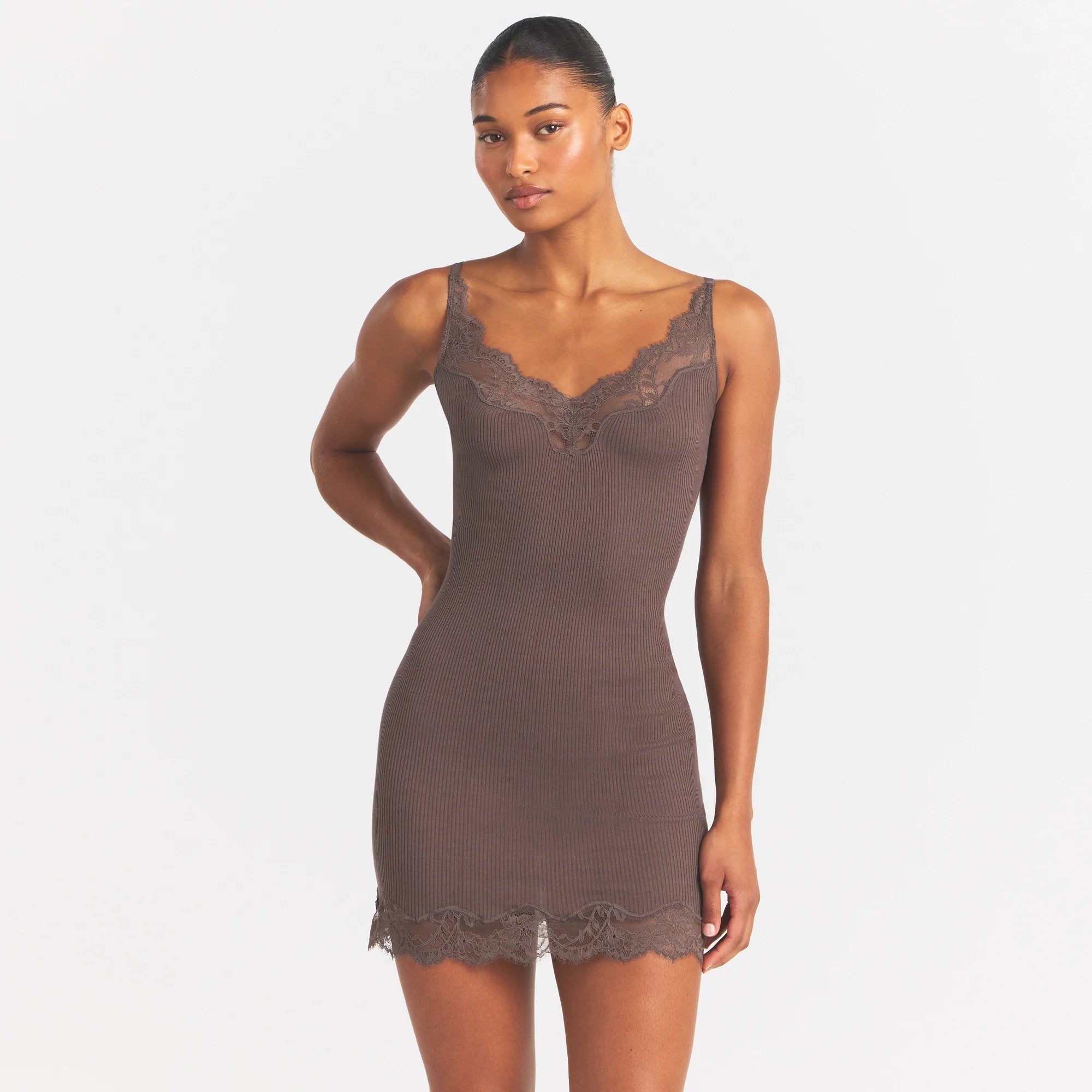 RIB KNIT LACE MINI DRESS | AMETHYST ON A MODEL SIDE VIEW @ | FOCUS: 0.0, 1.0, 0.9