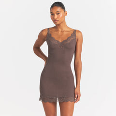 RIB KNIT LACE MINI DRESS | AMETHYST ON A MODEL SIDE VIEW @ | FOCUS: 0.0, 1.0, 0.9