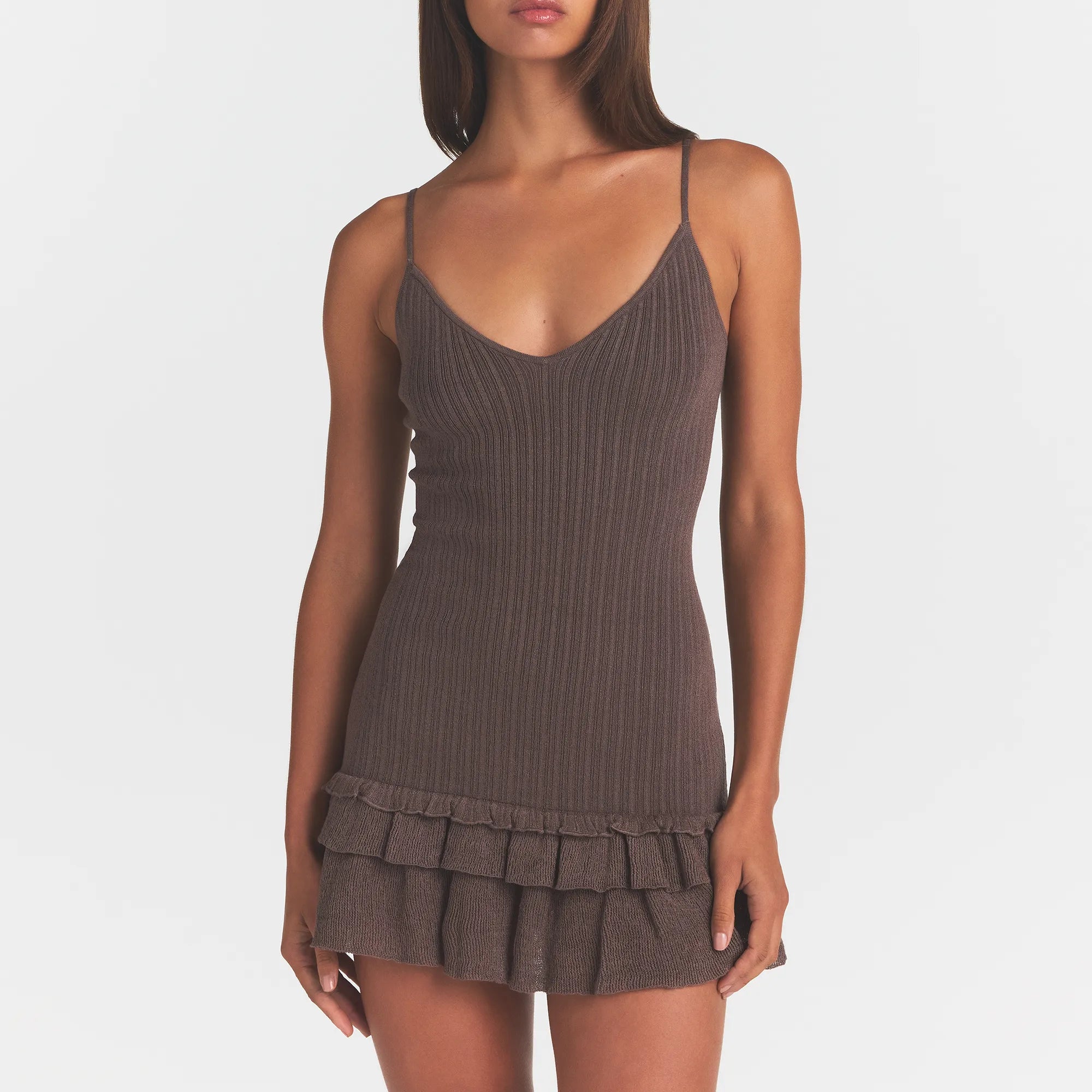 SHEER KNIT RUFFLE DRESS | AMETHYST ON A MODEL FRONT VIEW @ | FOCUS: 0.0, 1.0, 0.9