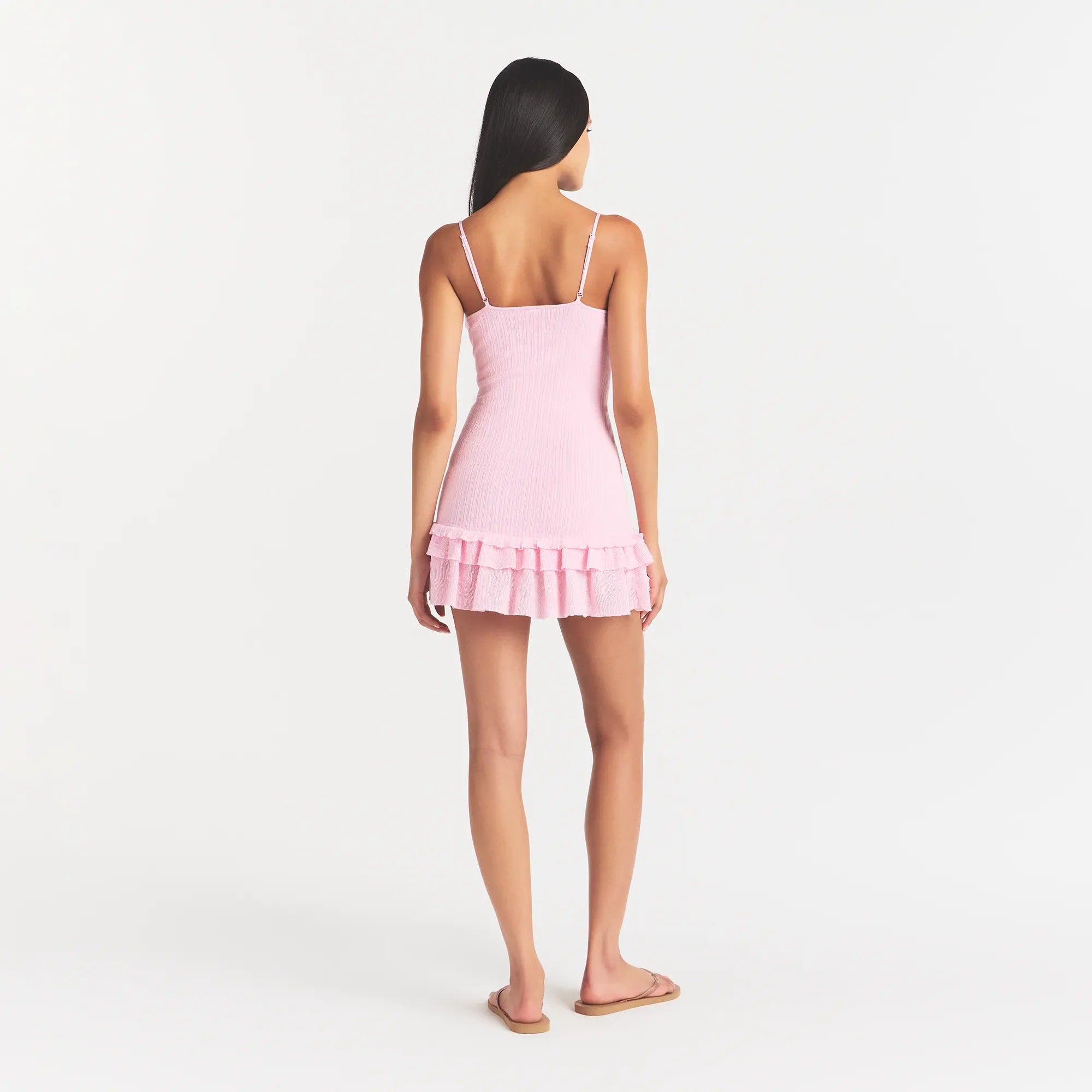 SHEER KNIT RUFFLE DRESS | PEONY ON A MODEL BACK VIEW @ | FOCUS: 0.0, 1.0, 0.9