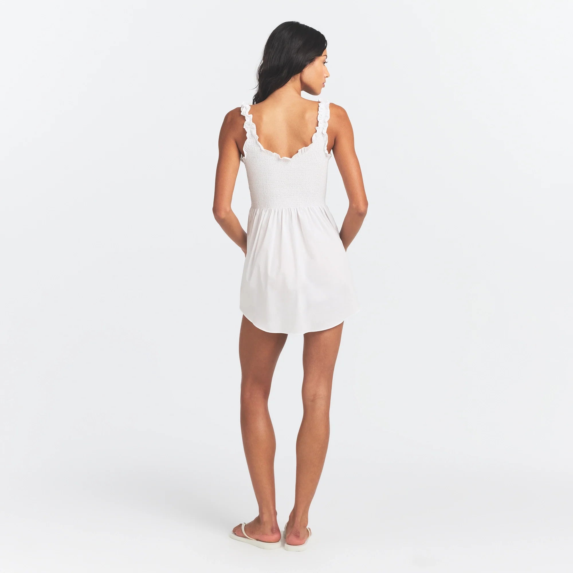 COTTON POPLIN MINI SMOCKED DRESS | SNOW ON A MODEL FRONT VIEW @ | FOCUS: 0.0, 1.0, 0.9