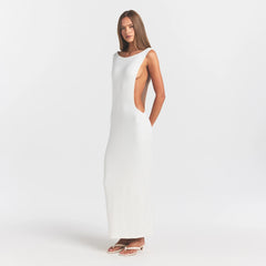SMOOTH LAYERS CUT OUT LONG DRESS | EGRET ON A MODEL FRONT VIEW @ | FOCUS: 0.0, 1.0, 0.9