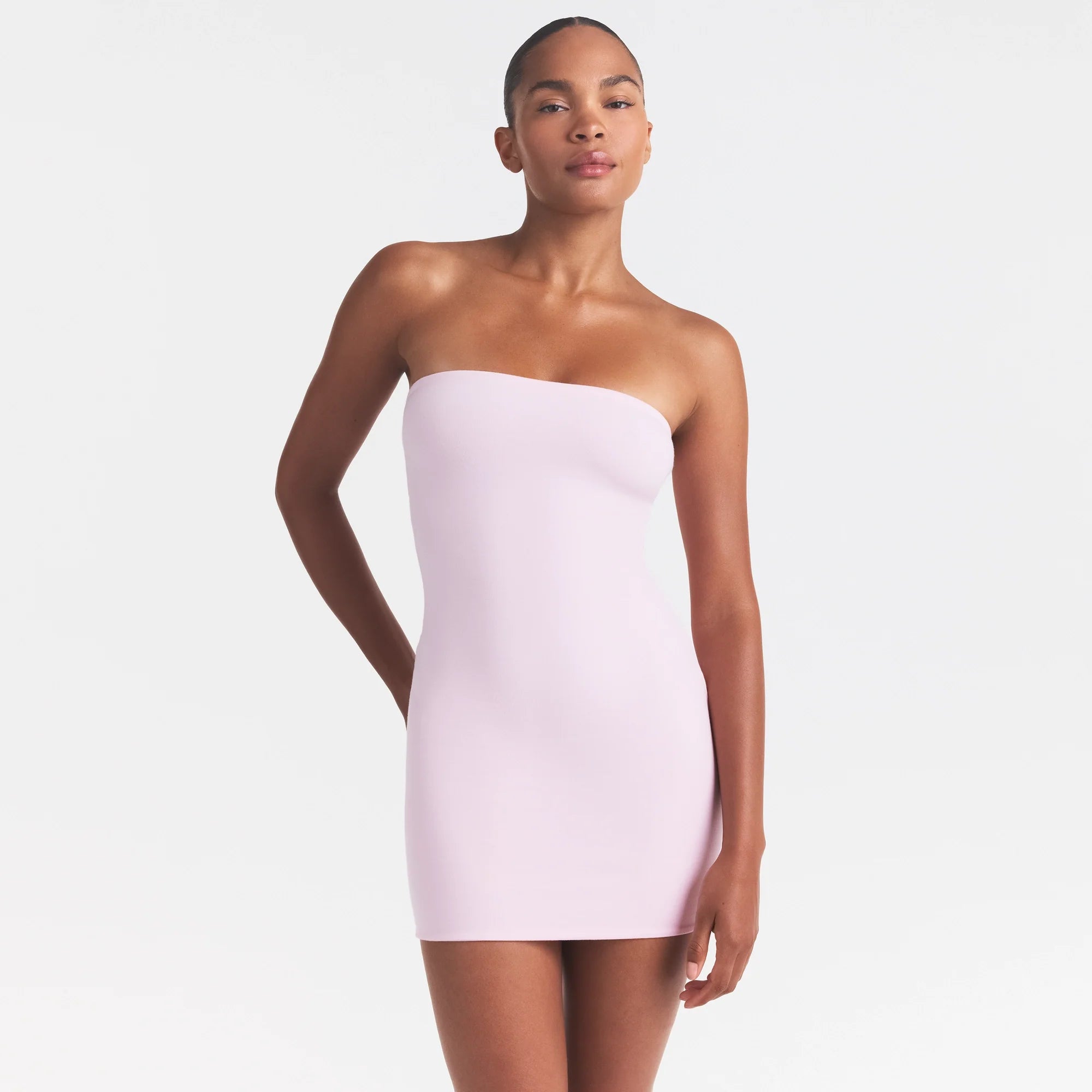 COTTON JERSEY MINI TUBE DRESS | CHERRY BLOSSOM ON A MODEL SIDE VIEW @ | FOCUS: 0.0, 1.0, 0.9