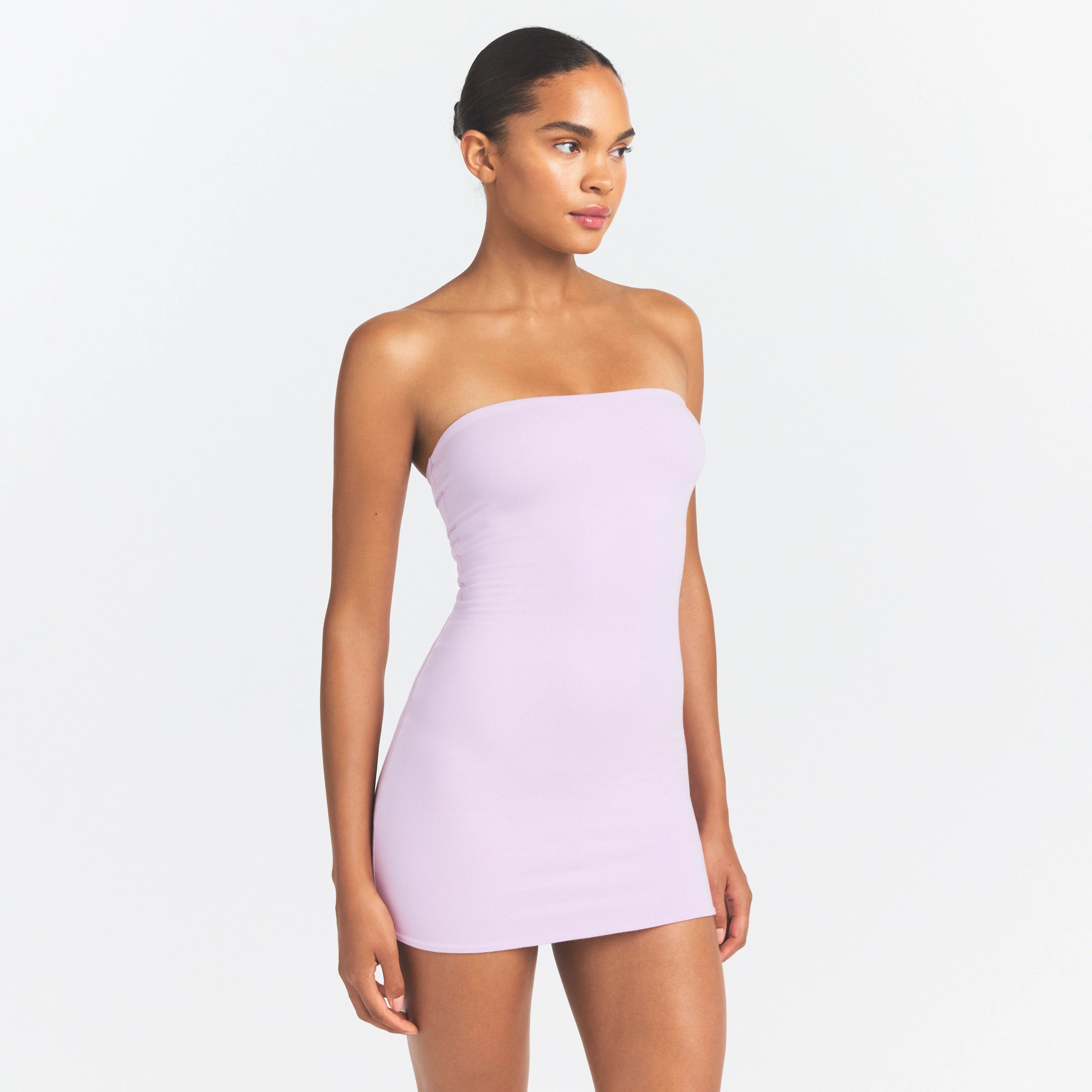 COTTON JERSEY MINI TUBE DRESS | SUGAR PLUM ON A MODEL SIDE VIEW @ | FOCUS: 0.0, 1.0, 0.9