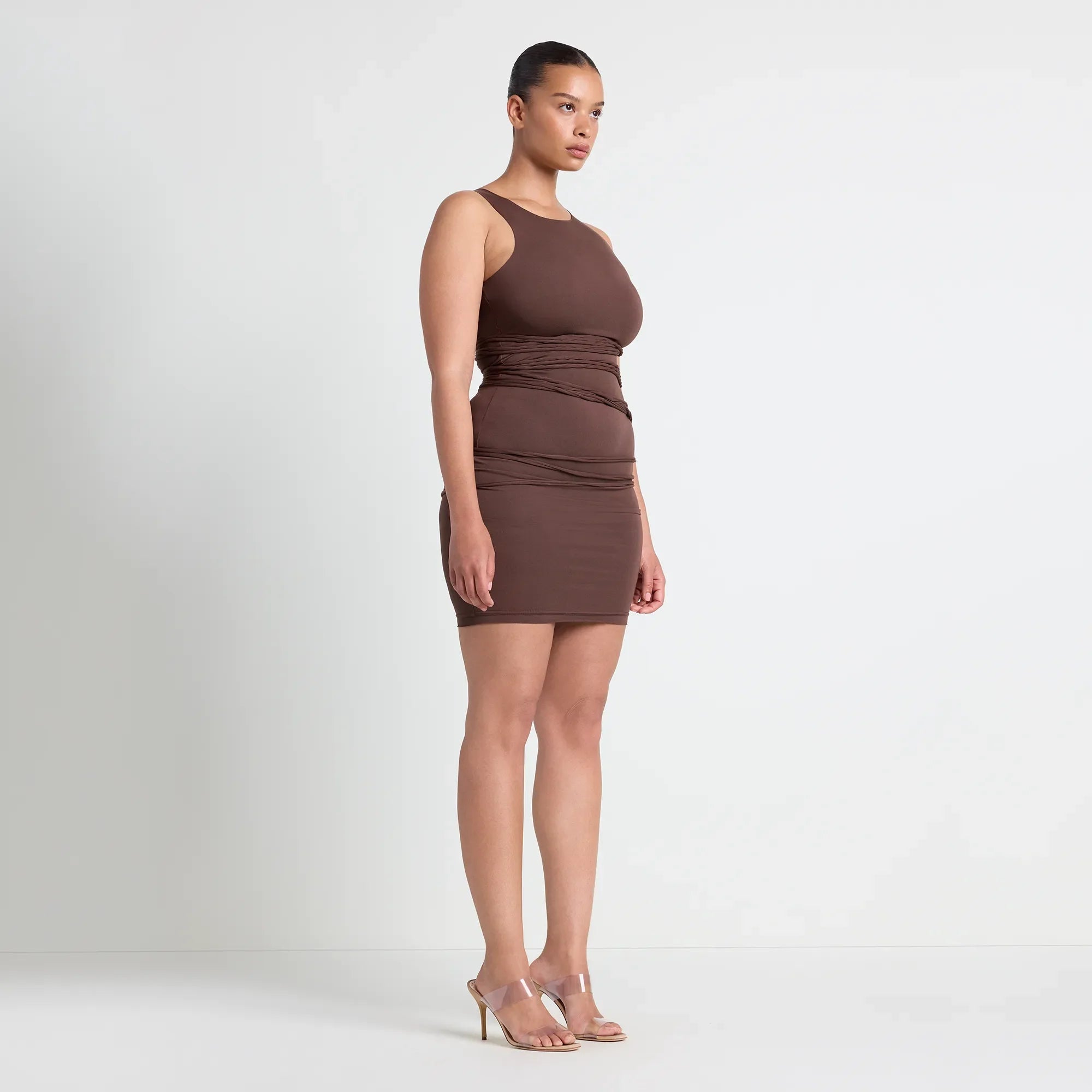VETTESE X SKIMS SMOOTH LAYERS TANK DRESS | COCOA & LAYS FLAT ON A WHITE BACKGROUND | FOCUS: 0.0, 1.0, 0.9