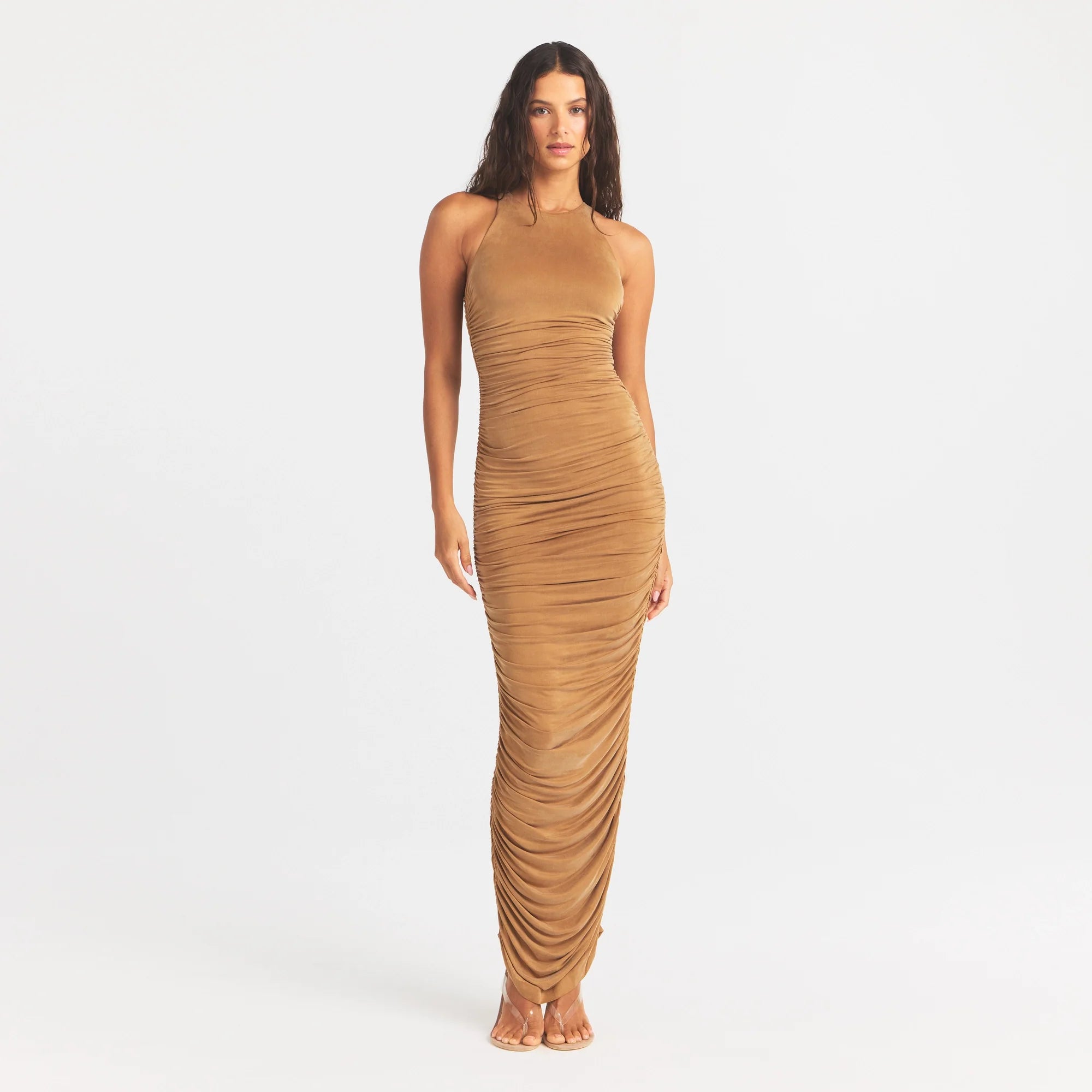 CUPRO JERSEY RUCHED LONG DRESS | ALMOND ON A MODEL FRONT VIEW @ | FOCUS: 0.0, 1.0, 0.9