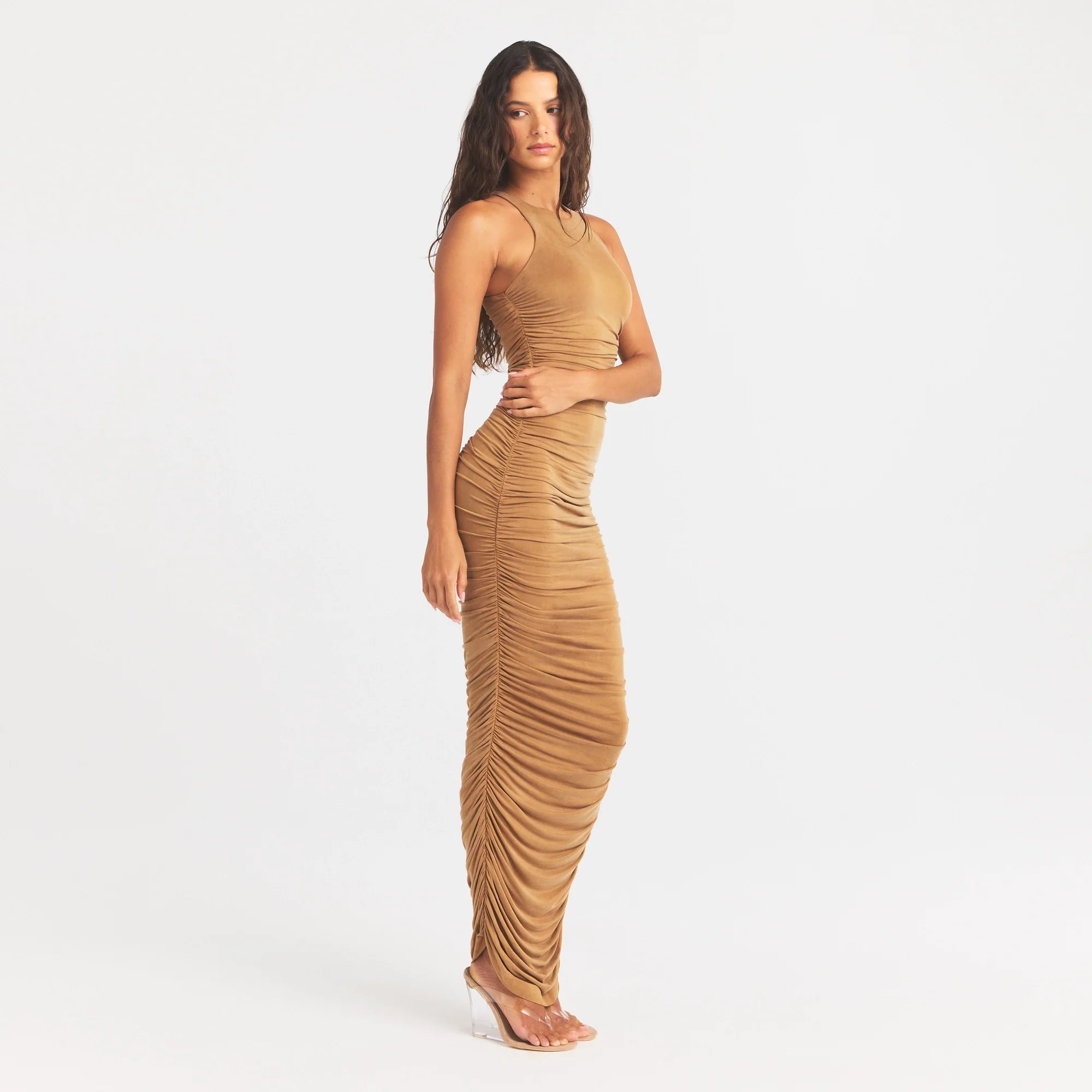 CUPRO JERSEY RUCHED LONG DRESS | ALMOND ON A MODEL FRONT VIEW @ | FOCUS: 0.0, 1.0, 0.9