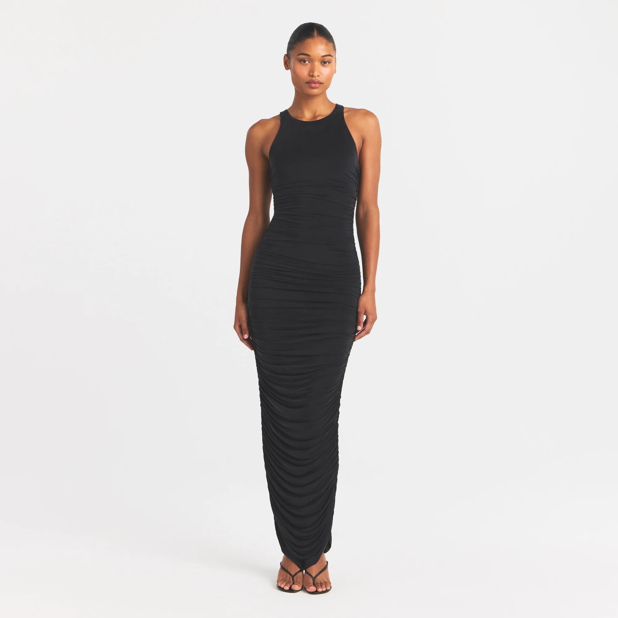 CUPRO JERSEY RUCHED LONG DRESS | OBSIDIAN ON A MODEL FRONT VIEW @ | FOCUS: 0.0, 1.0, 0.9