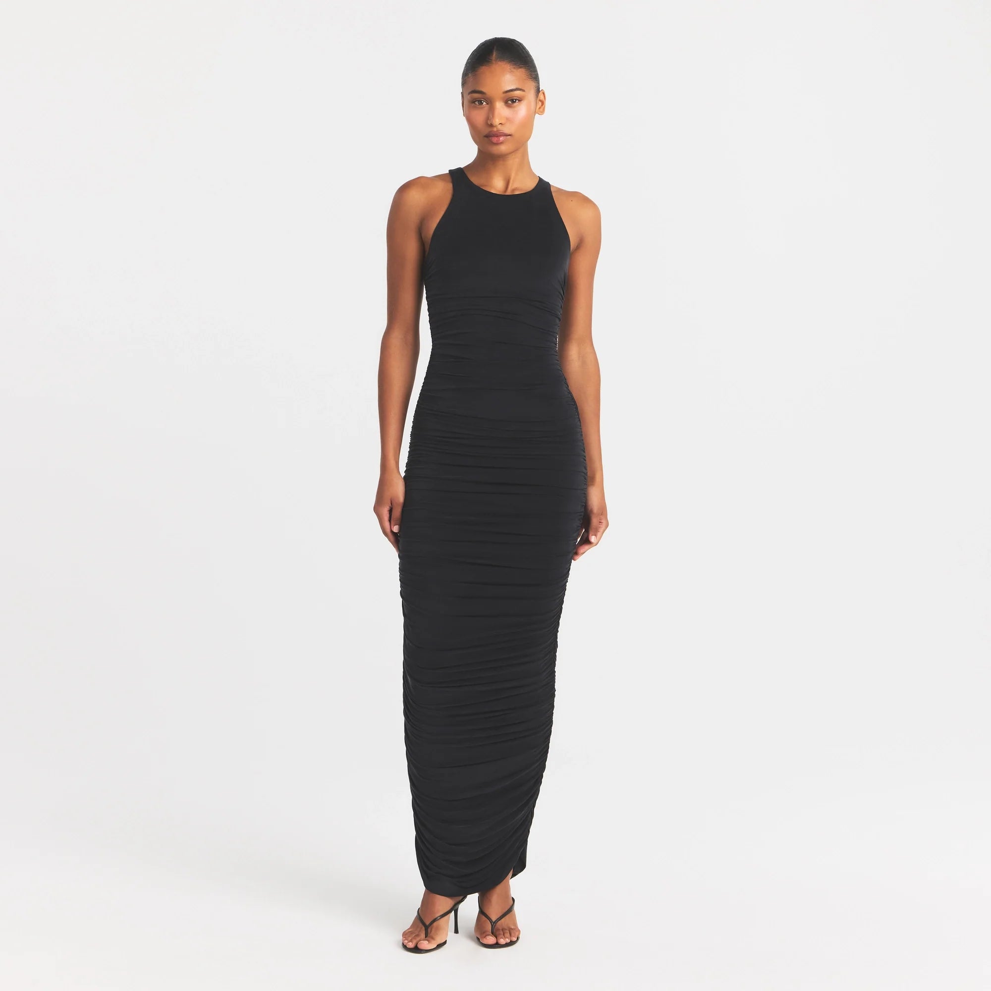 CUPRO JERSEY RUCHED LONG DRESS | OBSIDIAN ON A MODEL FRONT VIEW @ | FOCUS: 0.0, 1.0, 0.9