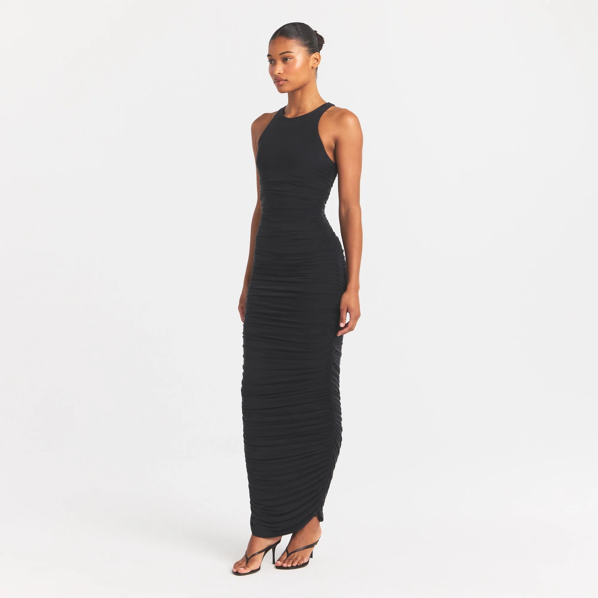 CUPRO JERSEY RUCHED LONG DRESS | OBSIDIAN ON A MODEL FRONT VIEW @ | FOCUS: 0.0, 1.0, 0.9