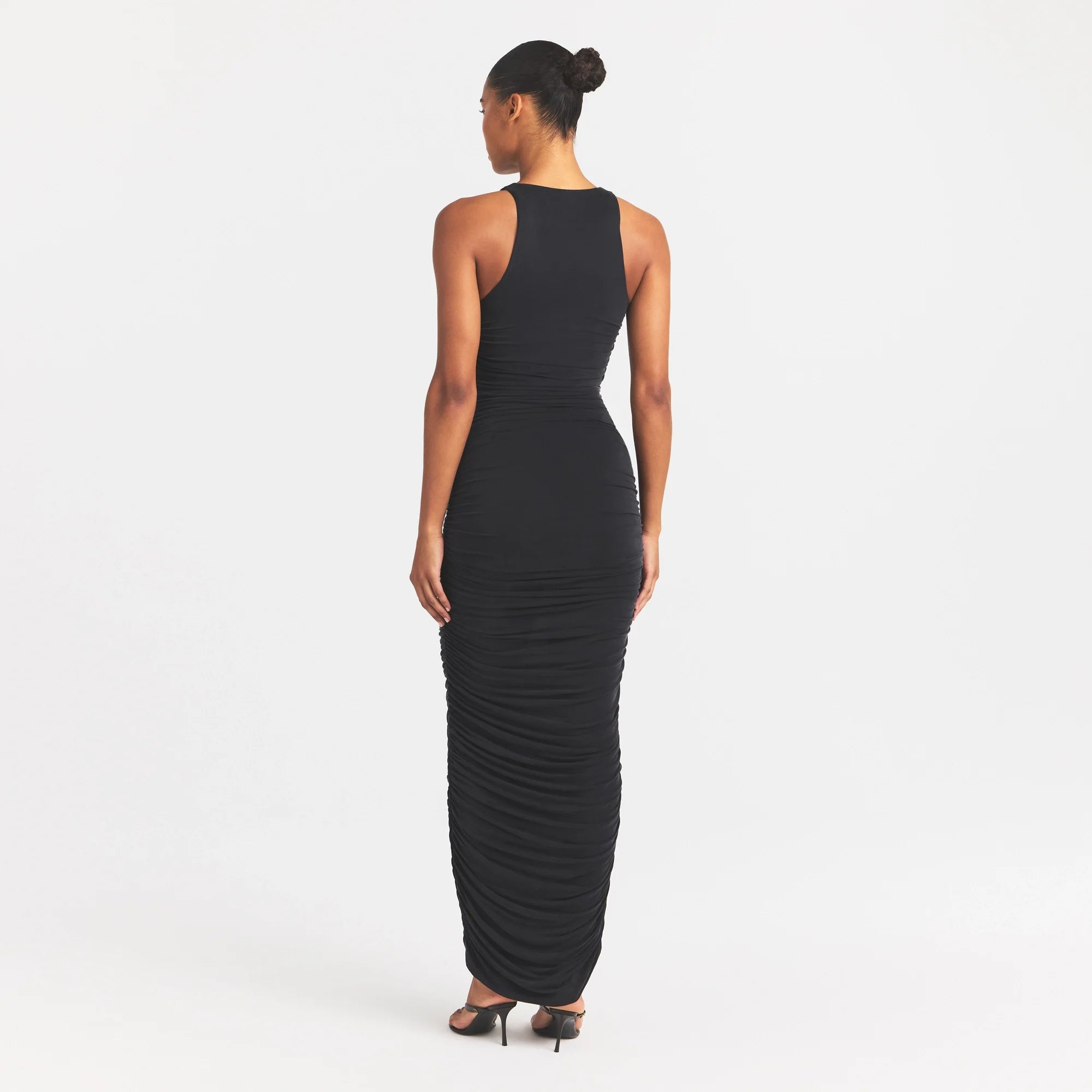 CUPRO JERSEY RUCHED LONG DRESS | OBSIDIAN ON A MODEL FRONT VIEW @ | FOCUS: 0.0, 1.0, 0.9