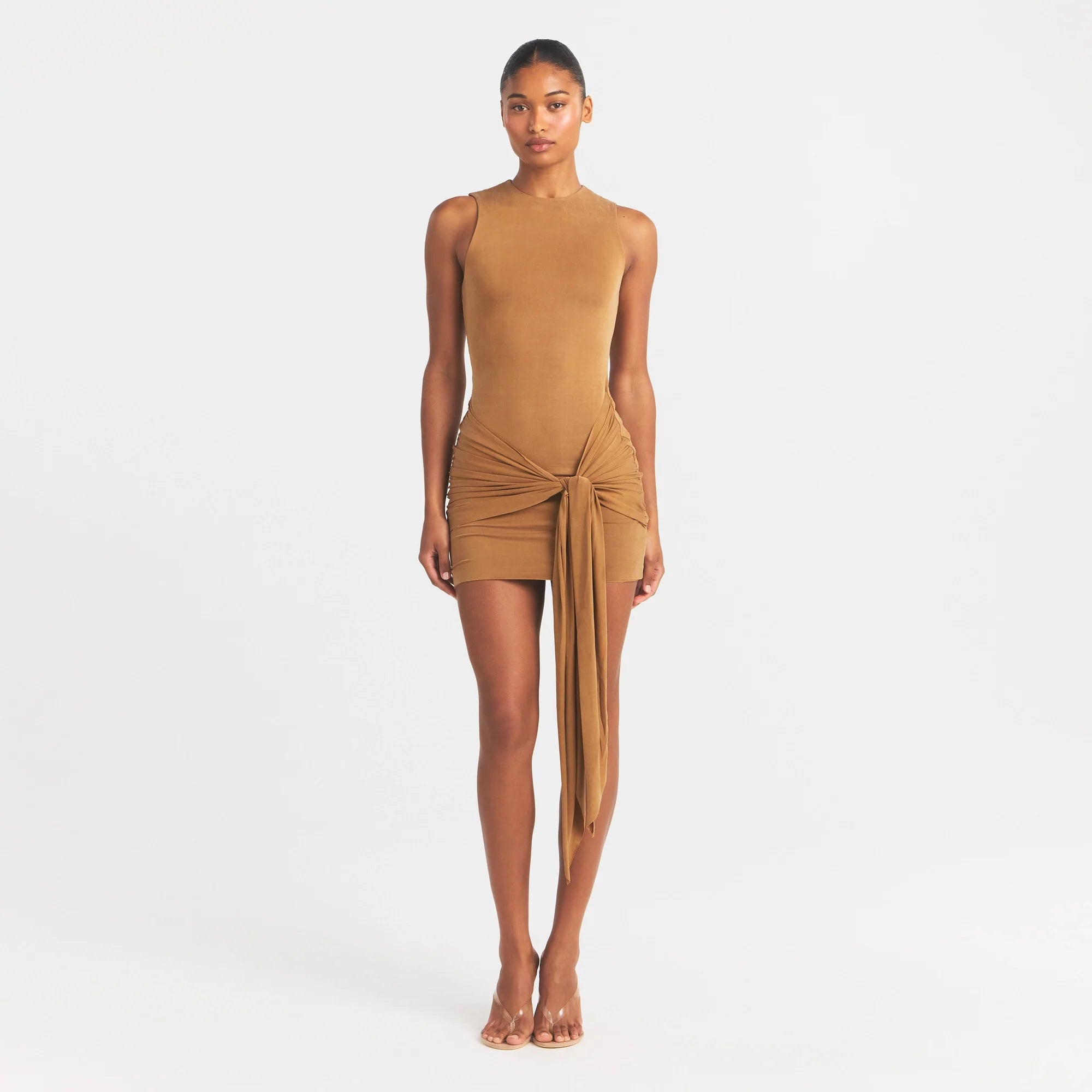 CUPRO JERSEY WRAP MINI DRESS | ALMOND ON A MODEL FRONT VIEW @ | FOCUS: 0.0, 1.0, 0.9