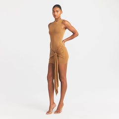 CUPRO JERSEY WRAP MINI DRESS | ALMOND ON A MODEL FRONT VIEW @ | FOCUS: 0.0, 1.0, 0.9