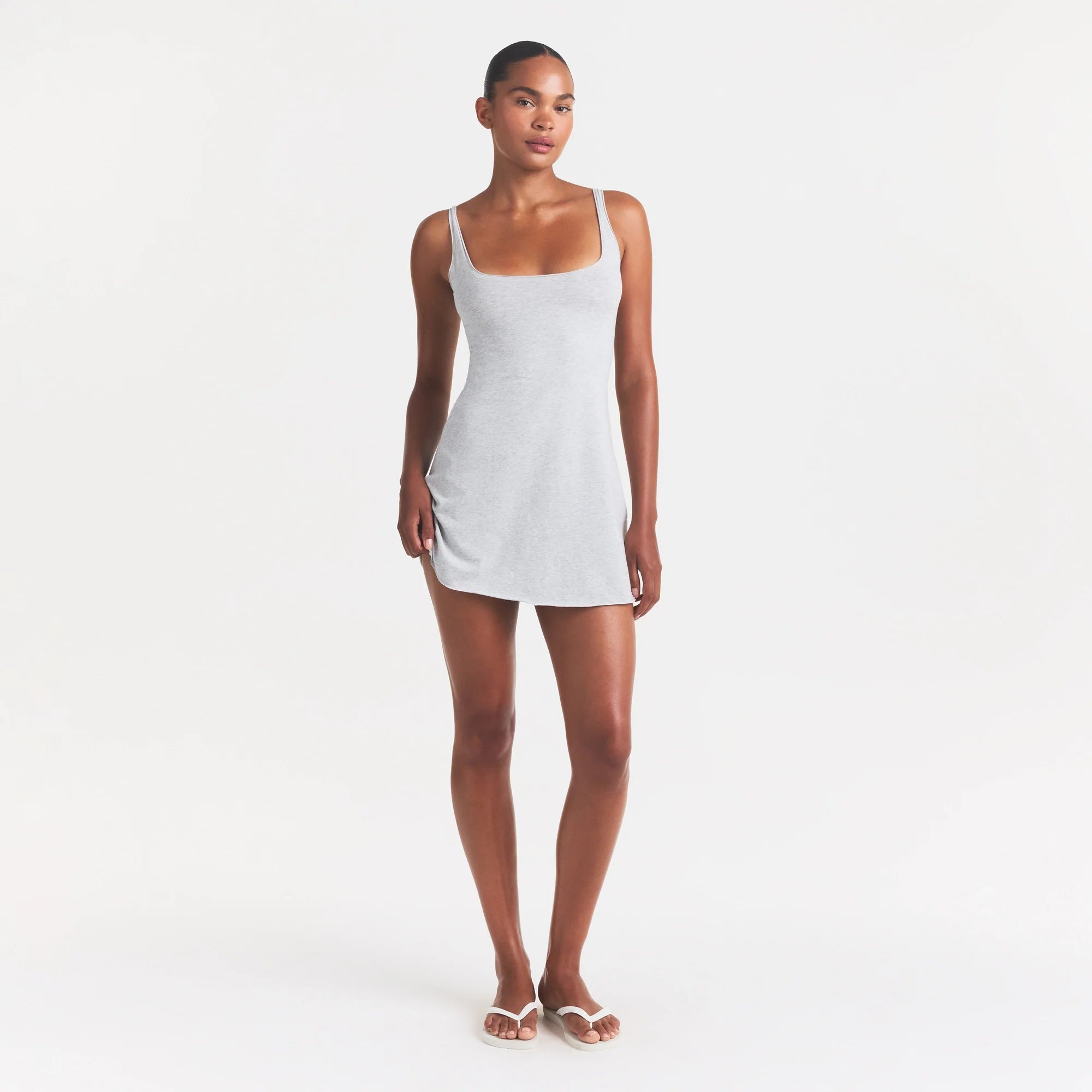 COTTON JERSEY MINI DRESS | LIGHT HEATHER GREY ON A MODEL FRONT VIEW @ | FOCUS: 0.0, 1.0, 0.9