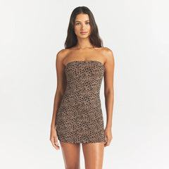 COTTON JERSEY MINI TUBE DRESS | SIENNA NATURAL LEOPARD ON A MODEL FRONT VIEW @ | FOCUS: 0.0, 1.0, 0.9