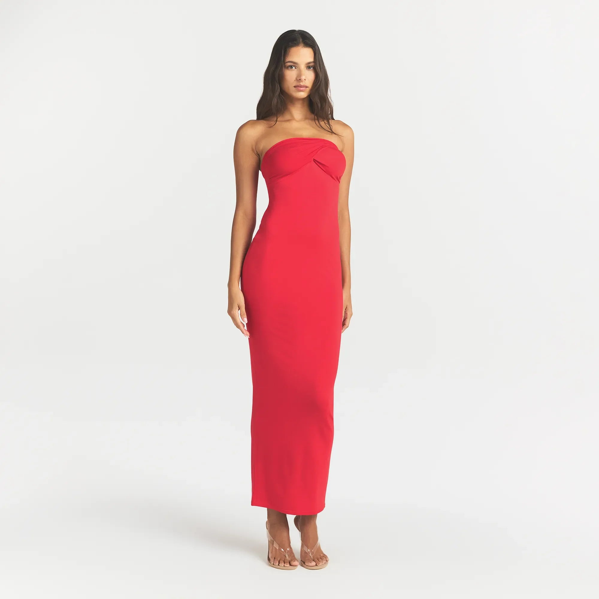 SMOOTH LAYERS CONVERTIBLE LONG DRESS | CARMINE ON A MODEL FRONT VIEW @ | FOCUS: 0.0, 1.0, 0.9